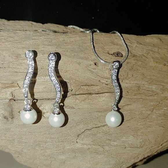 Necklace Earring Set 925 Sterling Silver 18 inch Faux Pearl Cubic Zirconia - Picture 10 of 13